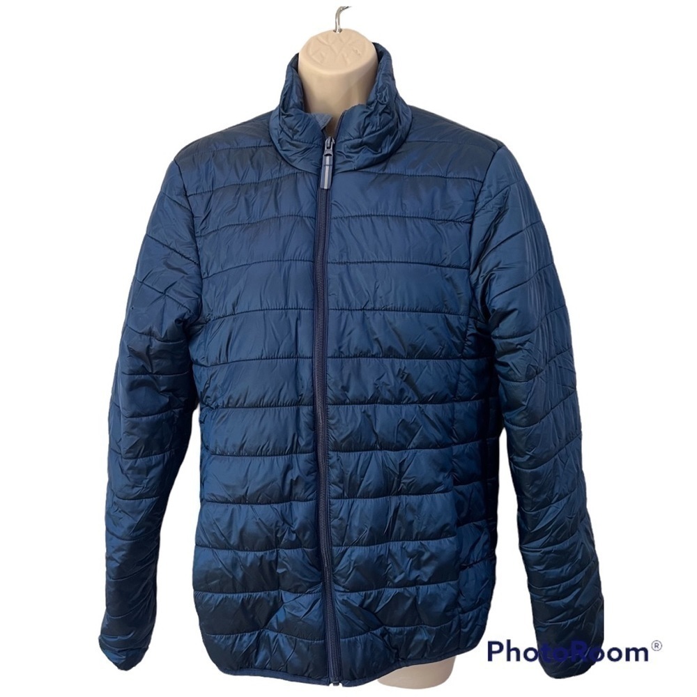 𝅺goodfellow & Co. dark blue puffer jacket long sleeves, small, water resistant.